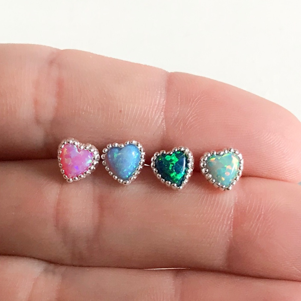 Opal Heart Stud Earrings ( 925 Sterling Silver )